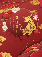 The Chinese new year 2021 year of the ox, red and gold paper cut ox character, flower, and Asian elements with craft style on the background. 