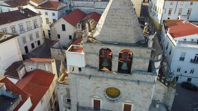 Aerial view of fortified village on hill in Portugal.