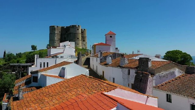 Aerial view of Evoramonte on a hill overlooking countryside, Portugal.
