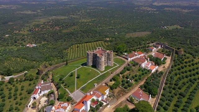 Aerial view of Evoramonte on a hill overlooking countryside, Portugal.