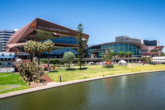 Adelaide convention centre on riverbank and Torrens river view in Adelaide SA Australia