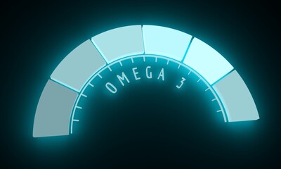 Omega 3 measuring device. Sign tachometer, speedometer, indicator. 3D rendering. Neon shine scale