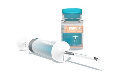 Medicine vial and syringe over white background. Bottle label with vaccine. Medical concept. 3D rendering