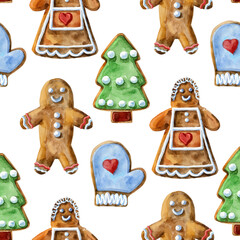Seamless pattern. Christmas cookies on an isolated white background, watercolor illustration, sweets.