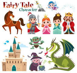 Vector illustration of Cartoon Set Fairy tales characters. Fantasy knight dragon and princess