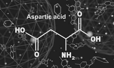 Amino acid. Aspartic acid structural formula. Infographics illustration. Lines and dots connected background. 3D rendering