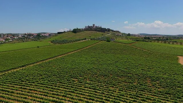 Aerial view of Evoramonte on a hill overlooking countryside, Portugal.