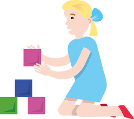 A little girl in a blue dress plays with dice, isolated on a white background. Children's educational games: build a tower of blocks. Flat infographics. Vector illustration..