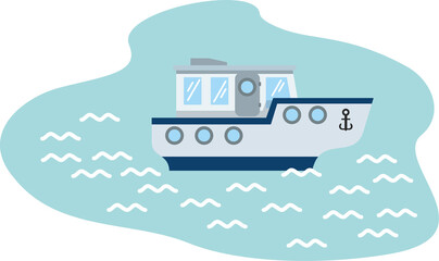 Pleasure boat floating on blue water. Water transport, a floating motor steamer in the waves of the ocean. Flat infographics. Vector illustration.