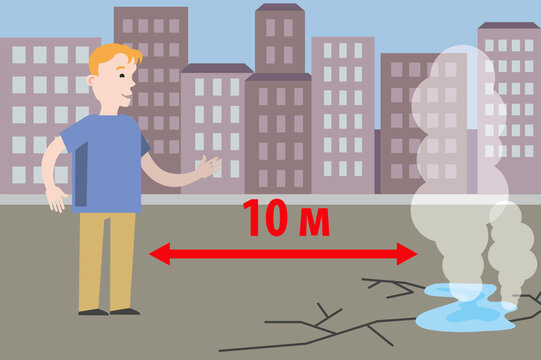 a Child plays outside near an emergency dangerous area. Children's safety: do not play near holes, cracks in the asphalt, fumes, heating mains. Vector illustration. Flat infographics.