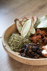 Close-up of a plate of spice mix, star anise, sand ginger, bay leaves, cloves