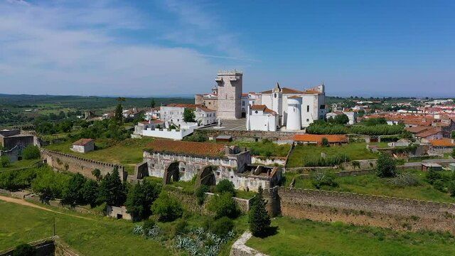 Aerial view of fortified village on hill in Portugal.