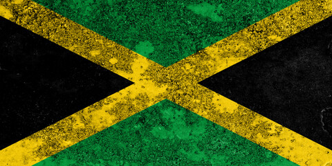 Flag of Jamaica painted on the old grunge rustic iron surface. Abstract paint of Jamaica national flag on the iron surface