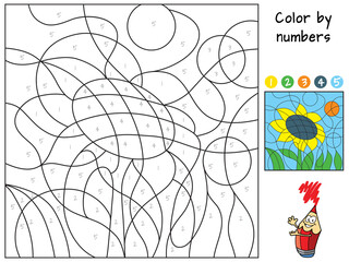 Sunflower. Color by numbers. Coloring book. Educational puzzle game for children. Cartoon vector illustration