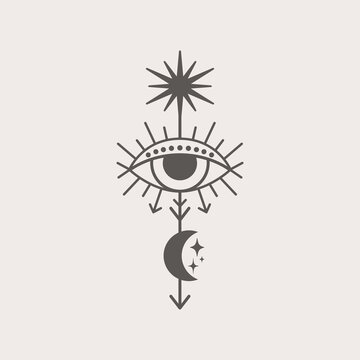 Mystical Eye Sun and Moon Icon in a Trending Minimal Linear Style. Vector Isoteric Illustration for t-shirt Prints, Boho Posters, Covers, Logo Designs and Tattoos.