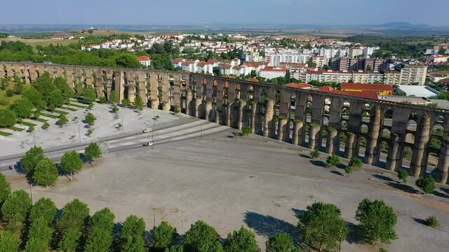Aerial view of Amoreira Aqueduct in the city of Elvas, Portugal.