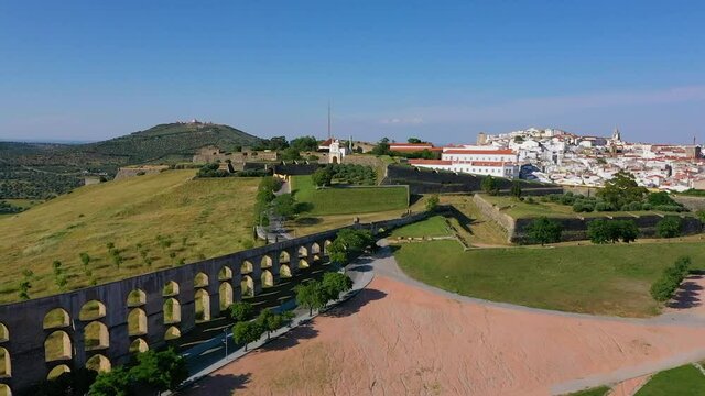 Aerial view of Amoreira Aqueduct in the city of Elvas, Portugal.