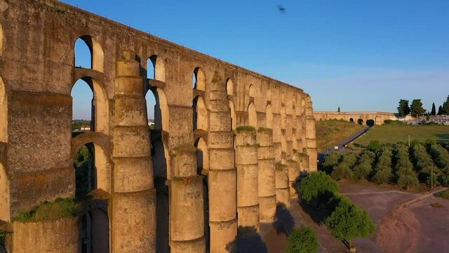 Aerial view of Amoreira Aqueduct in the city of Elvas, Portugal.
