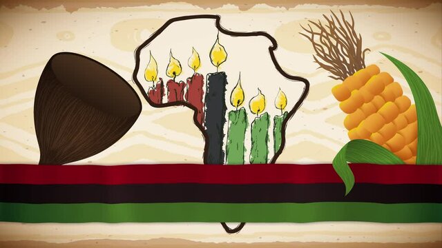 Scroll with tribal pattern, cup, corn, African silhouette map and candles in hand drawn style behind a waving Kwanzaa flag, to commemorate this Afro-American holiday. Video animated 4K