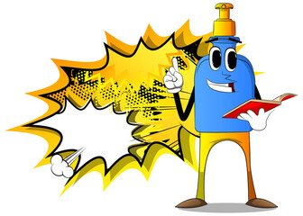 Cartoon bottle of hand sanitizer gel for hygiene with face reading a red book and making a point.