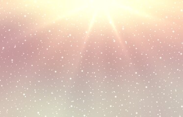 Bright shine and snow on rosy pastel empty background. Winter holidays decor. Light texture.