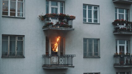 Smoke coming out of the appartment on fire. accident and disaster concept. High quality photo