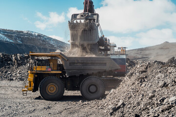 An electric excavator loads ore into a mining dump truck. © CjVitoS