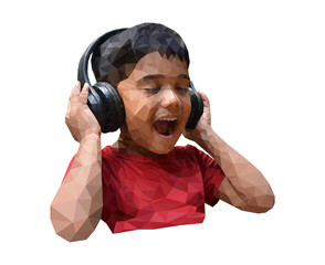 Boy enjoying music in headphones and got amazed isolated in white background. Realistic illustration that made by low poly triangles.