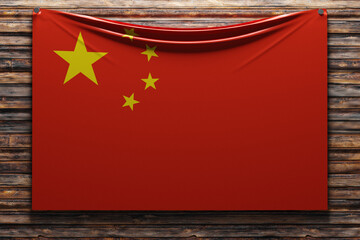 3D illustration of the national   fabric flag of China  nailed on a wooden wall .Country symbol.