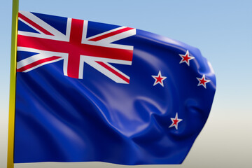 3D illustration of the national flag of New Zealand on a metal flagpole fluttering against the blue sky.Country symbol.