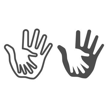 Palm of child in adult line and solid icon, kids protection concept, helping hand sign on white background, child protection by parents or volunteers icon in outline style. Vector graphics.