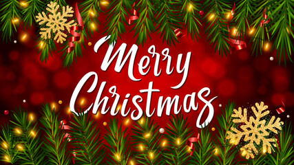 Red background with lettering Merry Christmas, realistic pine branches, shining garlands, glitter gold snowflakes, candy canes, serpentine. Christmas and New Year poster for winter holidays