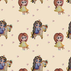 Obraz premium Cute kids collection. Seamless pattern. Cute girls Little princess on a unicorn horse and a girl with a toy hare in her hands on a yellow background with hearts. Watercolor. Hand drawing