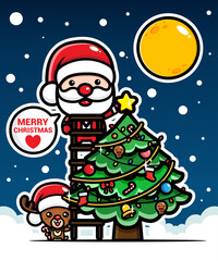 cute santa and reindeer characters decorating the christmas tree