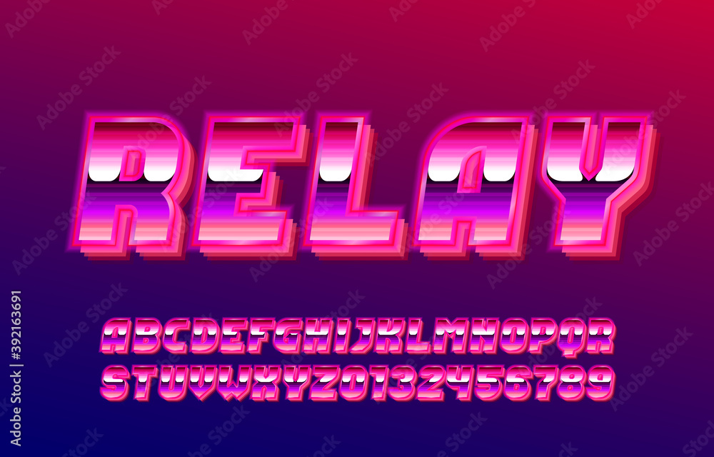 Poster relay alphabet font. glow effect letters and numbers. stock vector typescript for your typography de