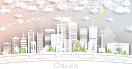 Osaka Japan City Skyline in Paper Cut Style with Snowflakes, Moon and Neon Garland.