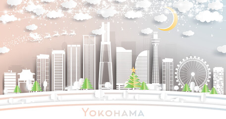 Yokohama Japan City Skyline in Paper Cut Style with Snowflakes, Moon and Neon Garland.