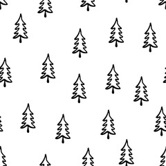 Fototapeta premium Christmas tree seamless pattern. Hand drawn doodle forest background. Retro holiday wraping paper. Vector monochrome pattern.