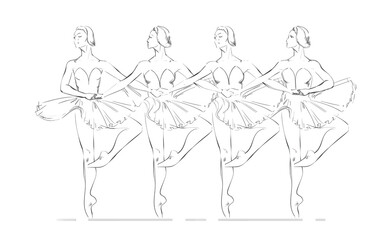 Fototapeta na wymiar Vector Illustration of Four Ballerinas. Swan Lake Ballet. Freehand Drawing of Young Ballet Dancers. Free Hand Draw. Vector Monochrome Sketch of Dancing Girls. Classical Choreography. Realistic Style.