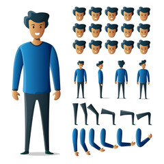 Design of a casual male character set vector illustration with various body movements and facial expressions for animation and motion graphic needs