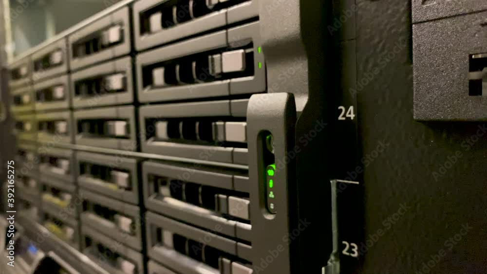 Poster server room - working data center server with blinking led lights on rack. - close up