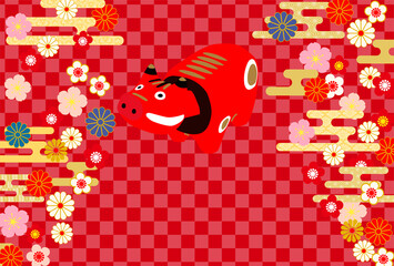 2021年丑年年賀状赤べこ-和柄赤色背景