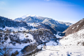 Fototapeta premium The Caucasus in winter is covered with snow around the village of Ushguli. World heritage village In Georgia