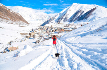 Fototapeta na wymiar The Caucasus in winter is covered with snow around the village of Ushguli. World heritage village In Georgia