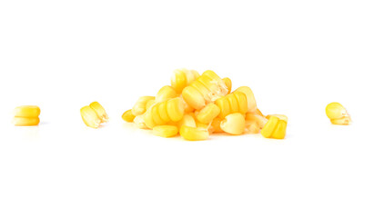 Sweet corn boiled whole kernels on white background