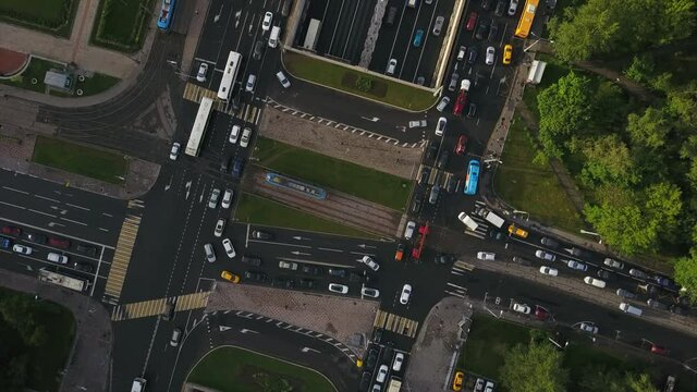 day time moscow city traffic prospect mira crossroad aerial down view flight over panorama 4k russia