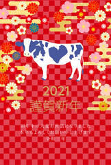 2021年丑年年賀状乳牛-和柄赤色背景 - obrazy, fototapety, plakaty