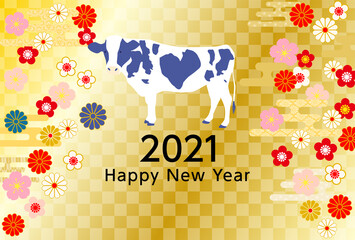 2021年丑年年賀状乳牛-金色和柄背景