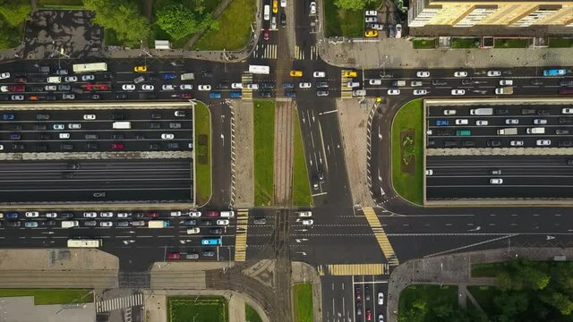 sunny day moscow city traffic prospect mira crossroad aerial down view flight over panorama 4k russia