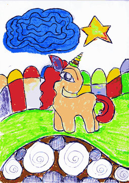 illustration of a unicorn playing with toys